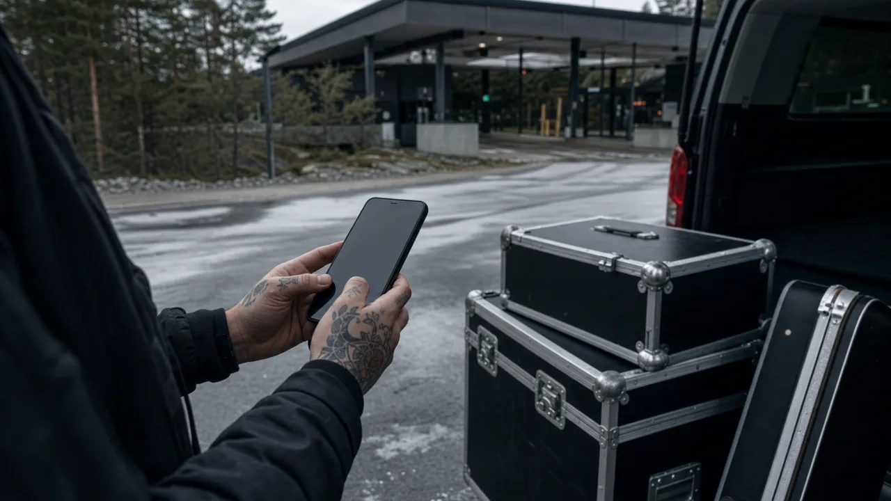 Musiker viser frem et digitalt ATA-carnet på mobilskjerm ved norsk grensestasjon med tollskilt.