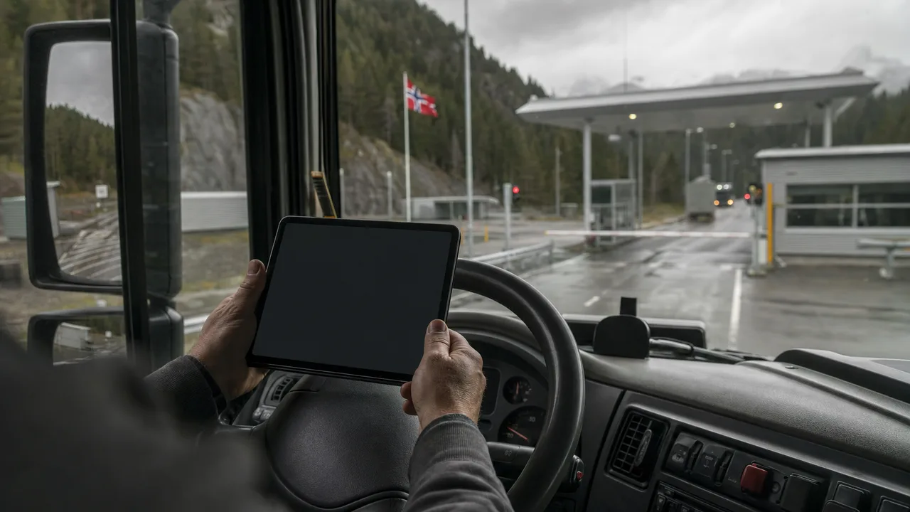 Sjåfør holder et nettbrett med blank skjerm inne i en lastebilkabin ved en norsk grenseovergang.