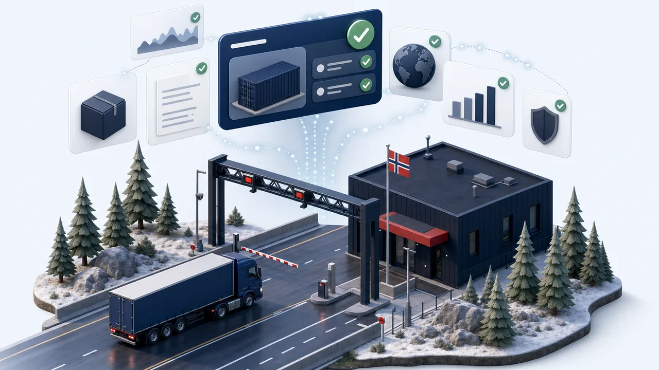 Isometrisk illustrasjon av en norsk grensestasjon med Digitoll digital tollbehandling, der opplysninger sendes inn digitalt før varene ankommer.