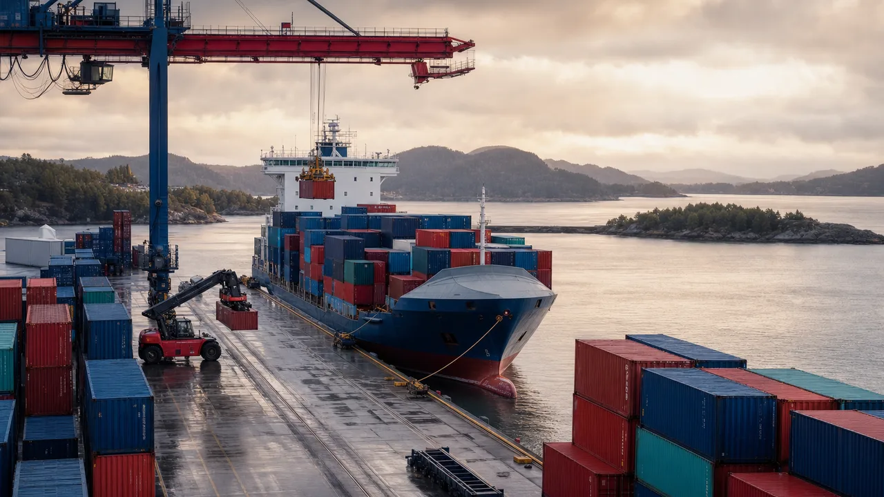 Fargerik nordisk eksporthavn der containere lastes ut på et skip som forlater fjorden.