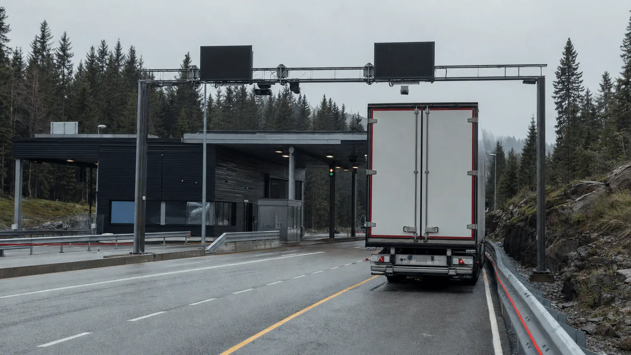 Lastebil med eksportvarer ved en norsk grenseovergang i skog, klar for utførsel.