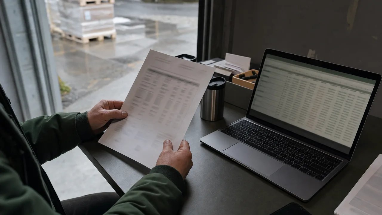 Logistikkmedarbeider gjennomgår en fraktfaktura mot en tolldeklarasjon på en pc i et norsk lagerkontor.