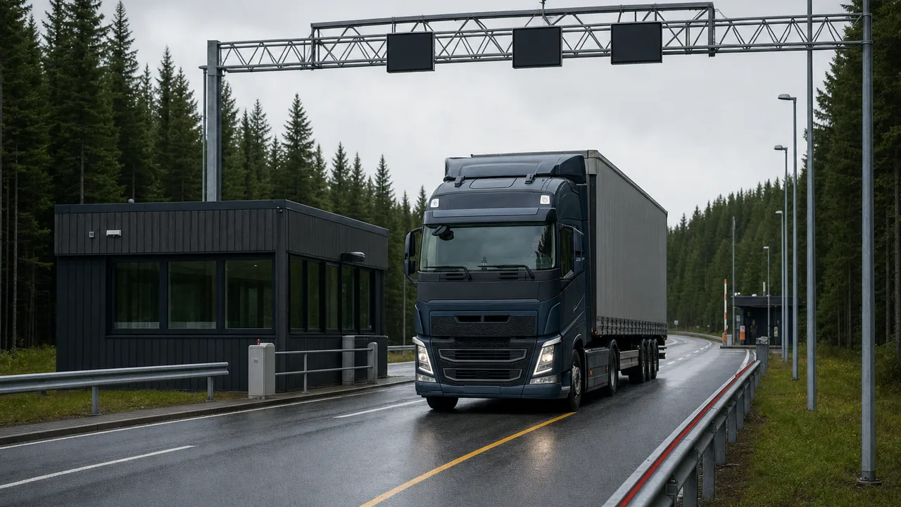 Norsk lastebil krysser grensen med digitalt tollklarering og EORI-nummer på skjerm.