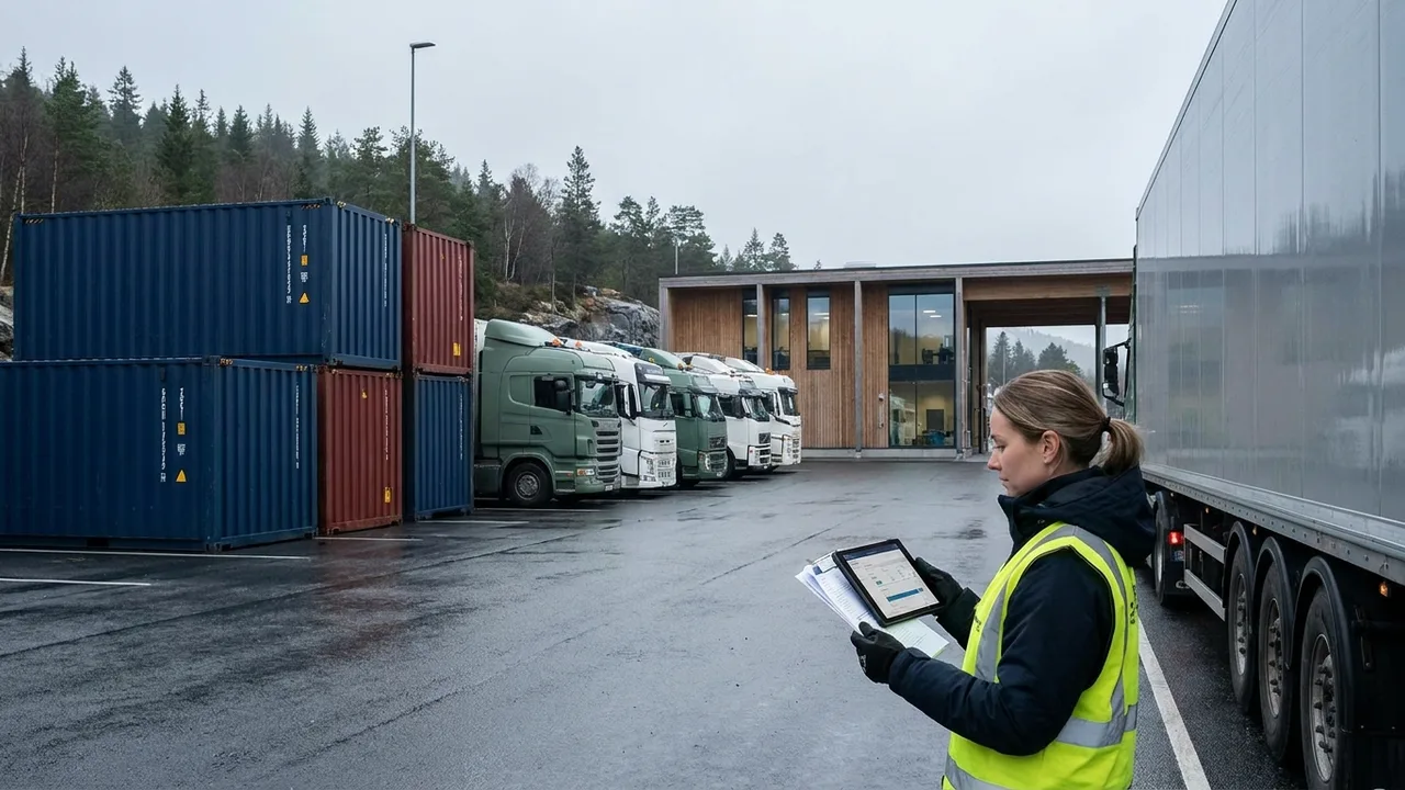 Lastebiler og containere ved en norsk tollstasjon, logistikkmedarbeider sjekker fraktdokumenter på nettbrett.