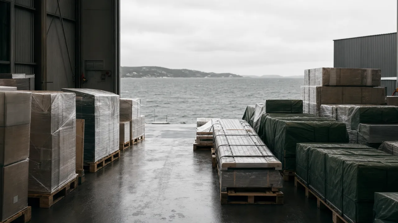 Nordisk eksportlager der pakkede varer gjøres klare for utførsel mot havet.