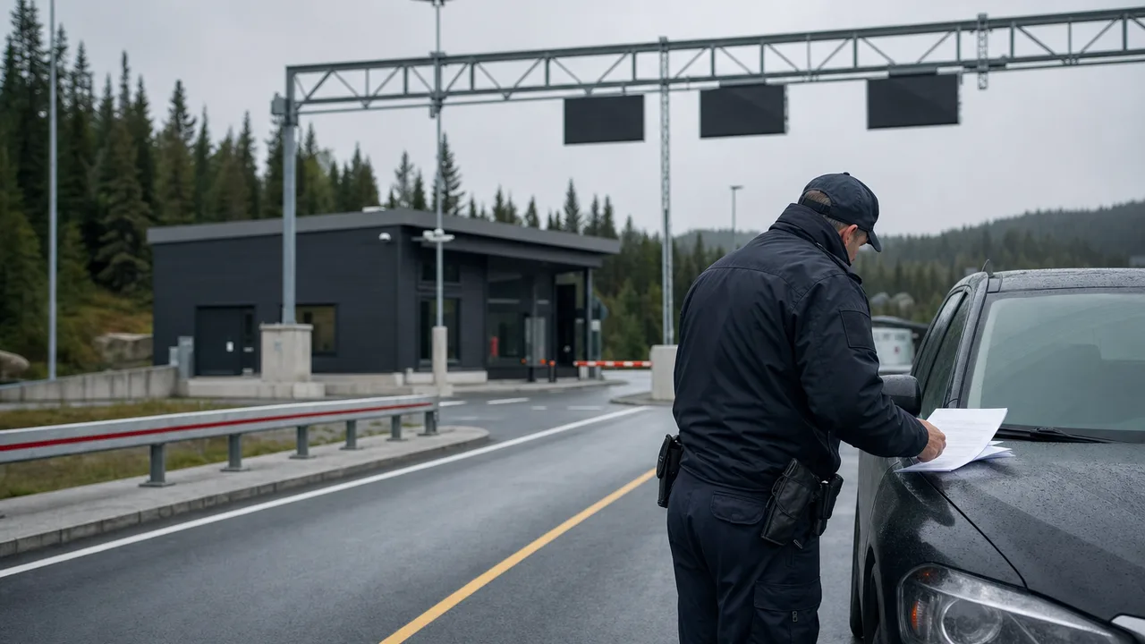 Logistikkmedarbeider gjennomgår faktura og fraktdokumenter ved en norsk tollstasjon i dagslys.
