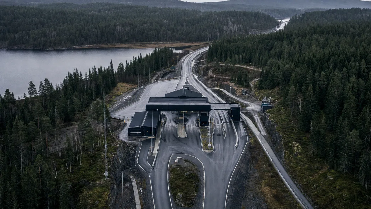 Luftfoto av en norsk grenseovergang med tollstasjon og delte kjørefelt omgitt av skog.