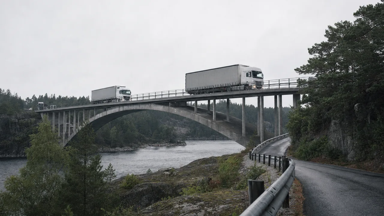 Lastebiler på vei over grenseovergangen ved Svinesund mellom Sverige og Norge.