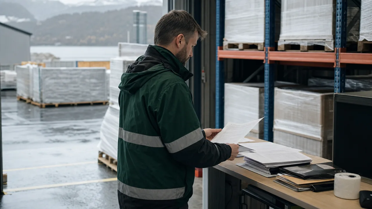 Logistikkmedarbeider gjennomgår en innførselsdeklarasjon og fraktpapirer på et lager i Norge.