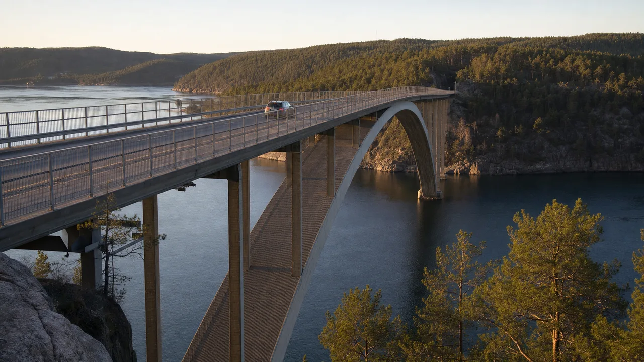 Personbil på vei over grensen ved Svinesund mellom Sverige og Norge i solskinn.