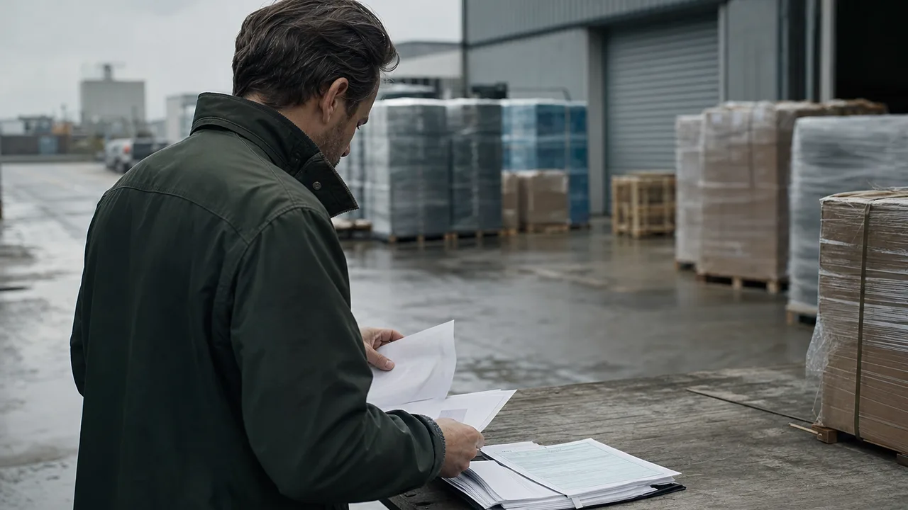 Importør gjennomgår fraktdokumenter og en tolldeklarasjon ved et lager i Norge.