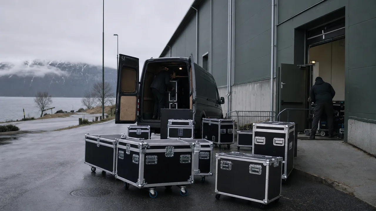 Utstyrskasser og flightcases lastes av en varebil utenfor en norsk messehall en grå dag.