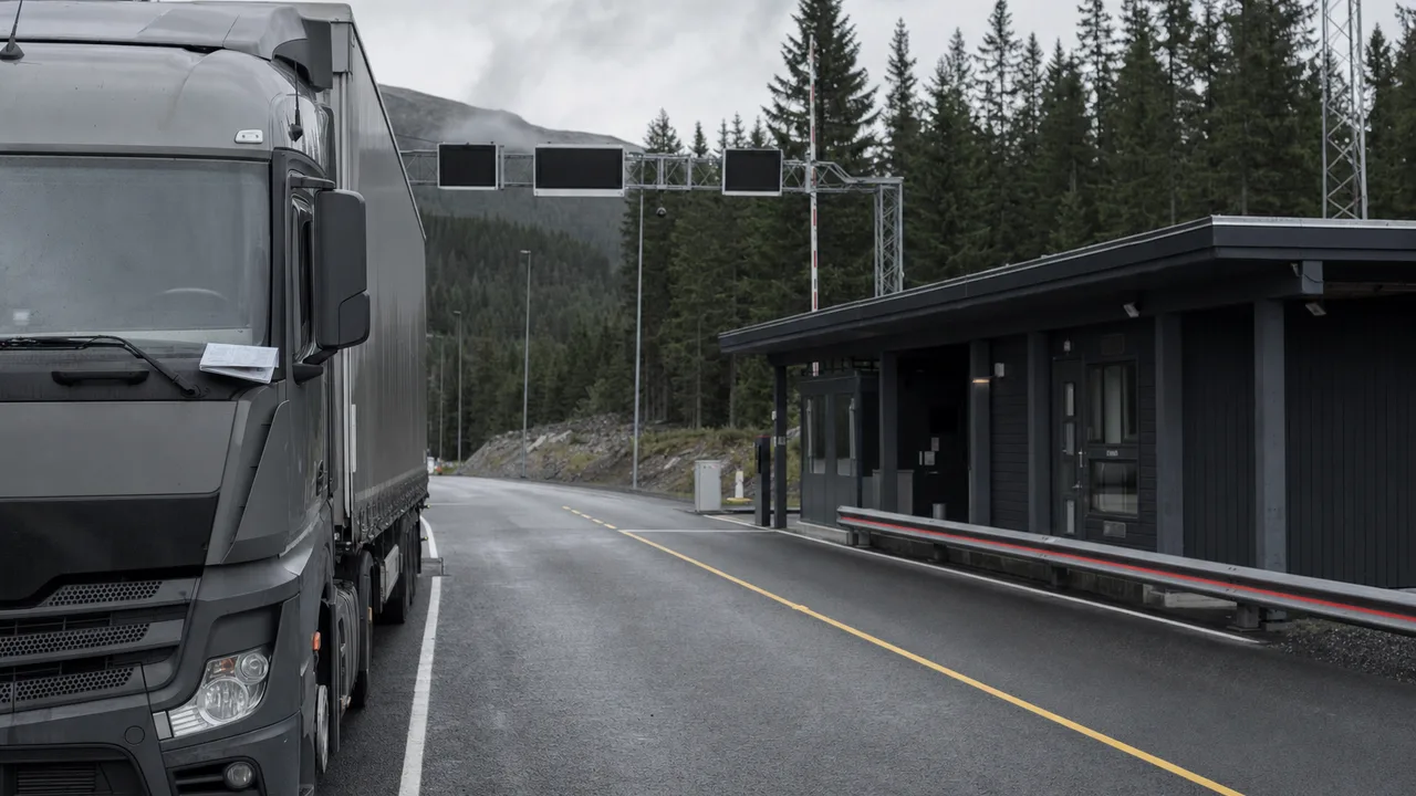 Lastebil ved en norsk grenseovergang i skog, klar for tollbehandling med opprinnelsesdokumentasjon.