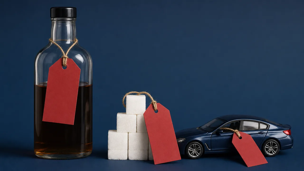Stilisert illustrasjon av ulike varer med avgiftsetiketter — alkohol, sukker og kjøretøy på norsk grense.