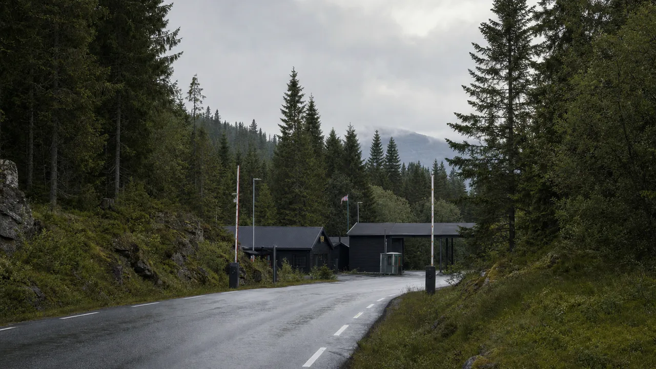 Skogkledd grenseovergang langs Riksvei 2 mellom Norge og Sverige en grå formiddag.