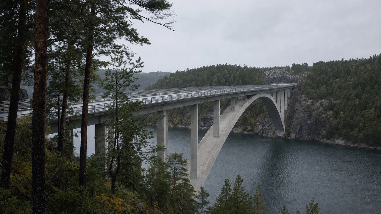 Den nye Svinesundbrua over sundet mellom Norge og Sverige, med E6 og skog.