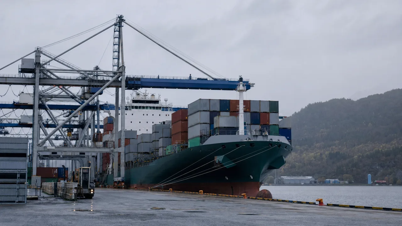 Containerskip ved en norsk havn i grålysning, klart for tollbehandling av importvarer.