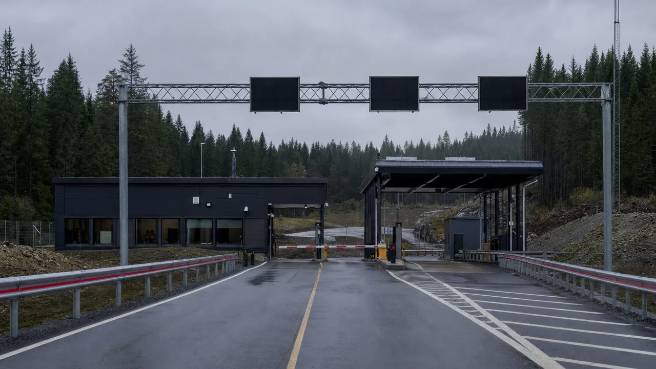 Norsk tollstasjon ved en grenseovergang i skog, med bom og kjørefelt for varekontroll.
