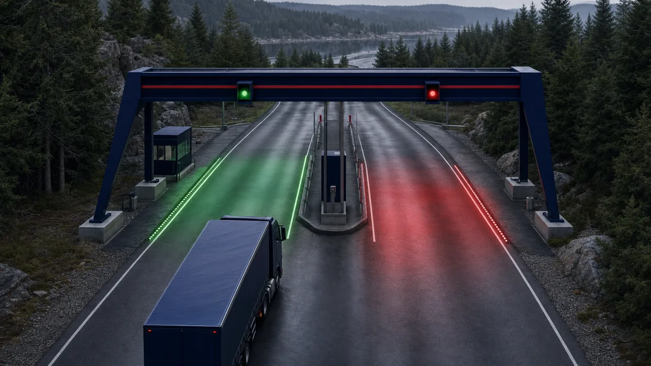 Konseptuell illustrasjon av tollklarering: grønn og rød dirigering ved en norsk grenseovergang i skog.