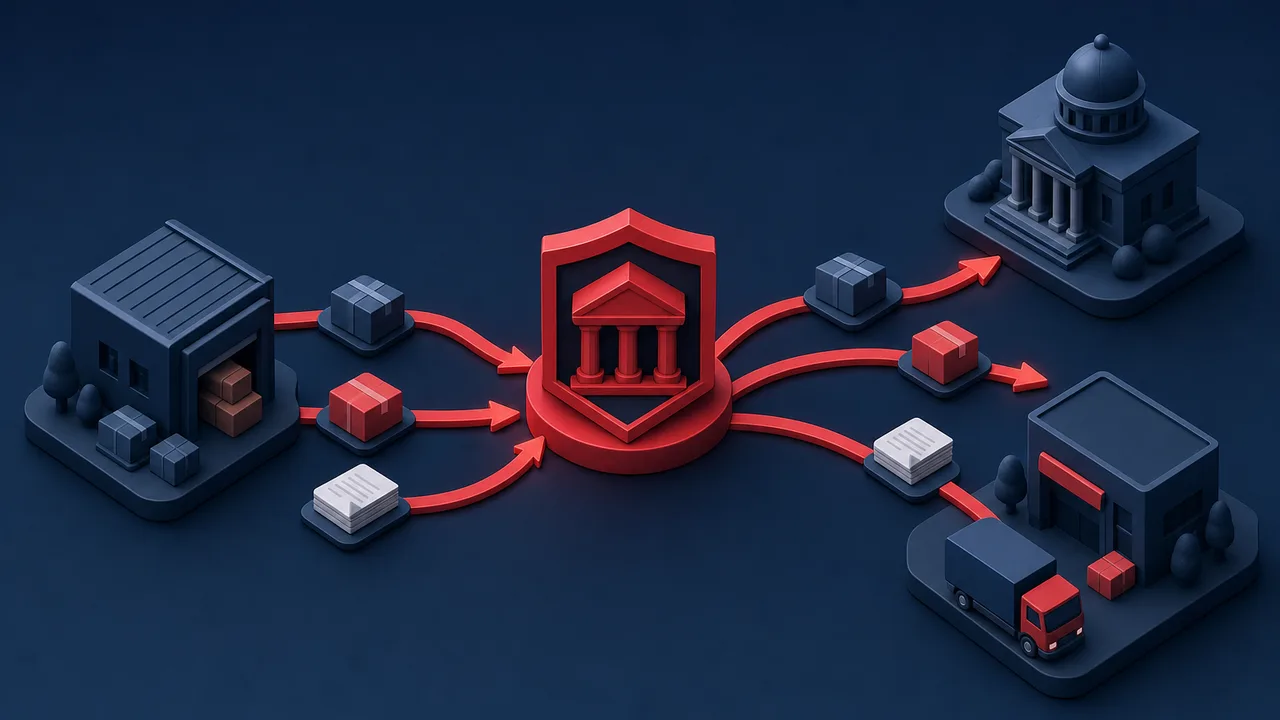 Isometrisk illustrasjon der pakker og dokumenter flyter gjennom en sentral tollombud-node til Tolletaten.