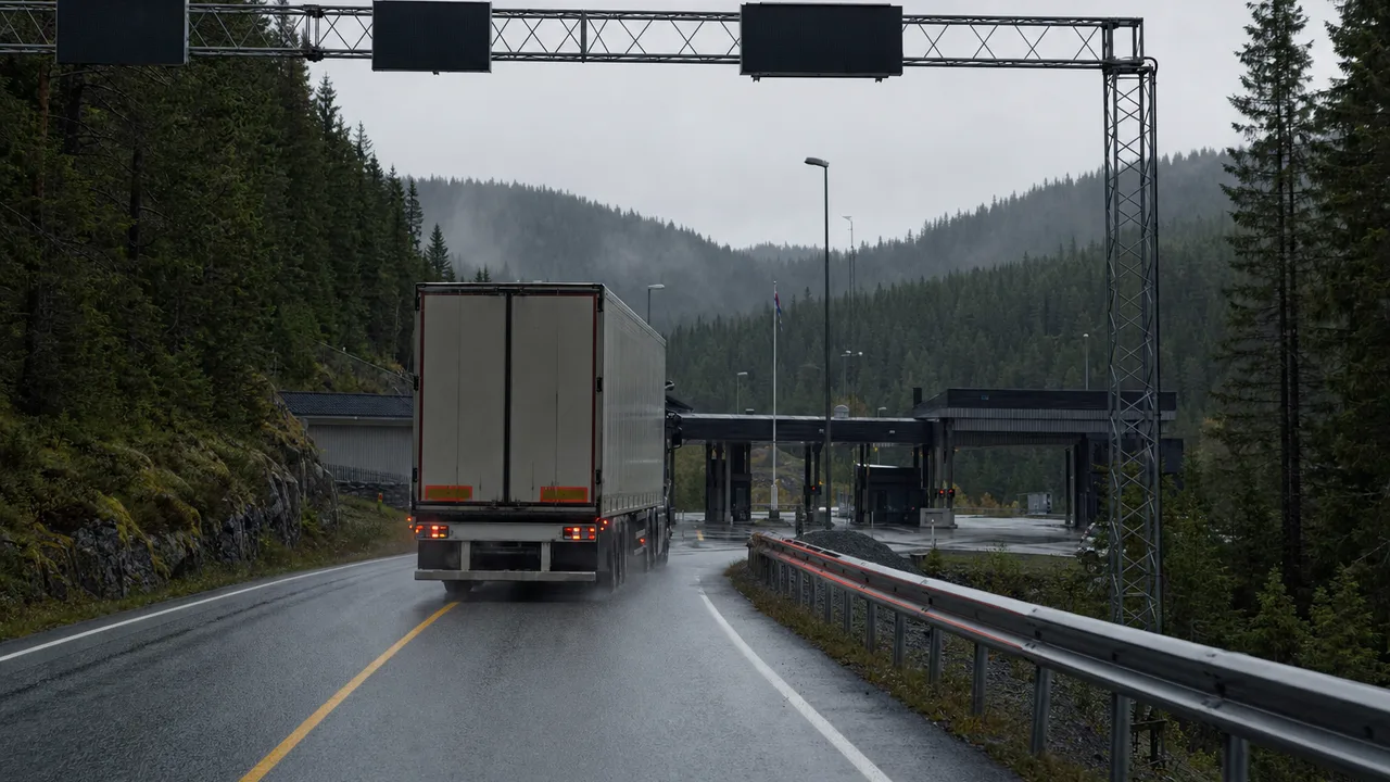 Lastebil på vei mot norsk grenseovergang i skog — frakt fram til grensen.