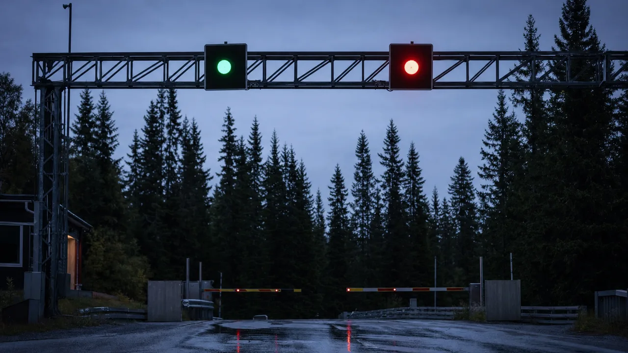 Grønt og rødt dirigeringslys på en portal ved en norsk grenseovergang i skumring.